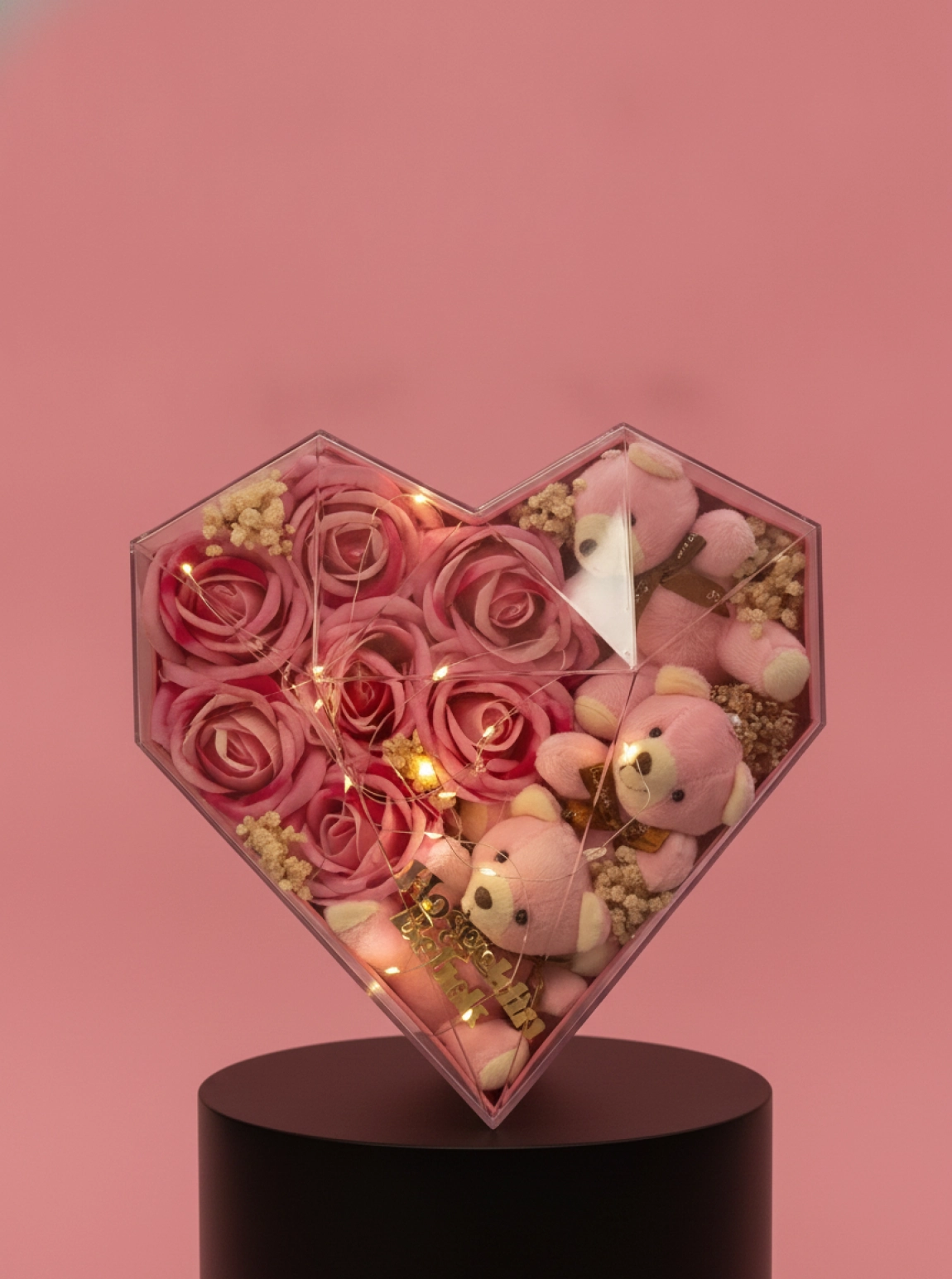 Pembe Ayıcıklı Ve Güllü Işıklı Kalpli Kutu